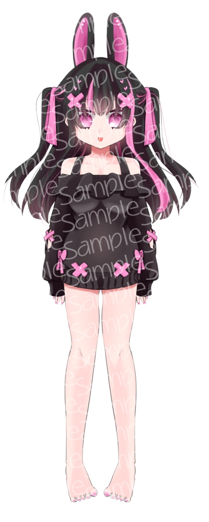 【全身立ち絵】黒髪女の子【表情×うさ耳の差分】