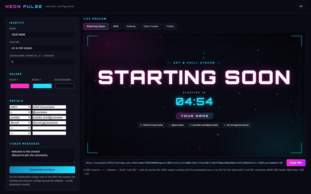 【OBS対応】NEON PULSE ─ サイバーネオン配信素材5点セット+設定ツール(スタート画面・休憩・終了・カメラ枠・テロップ)