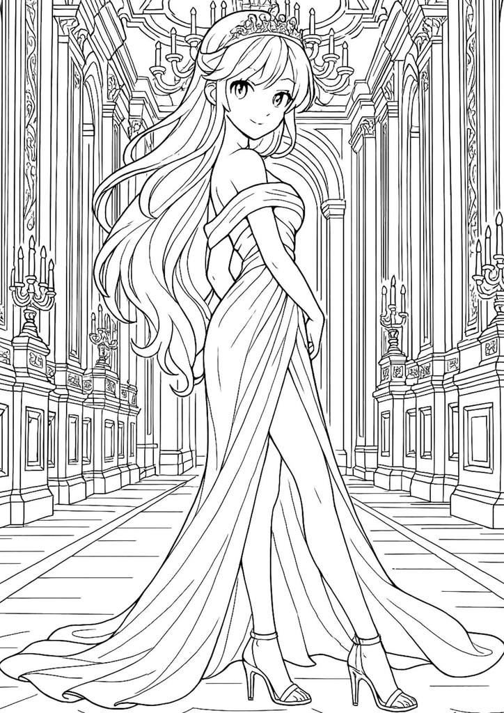 ドレスを着たプリンセスのぬりえ素材セット(背景透過&白背景/5枚ずつ)【無料配布】