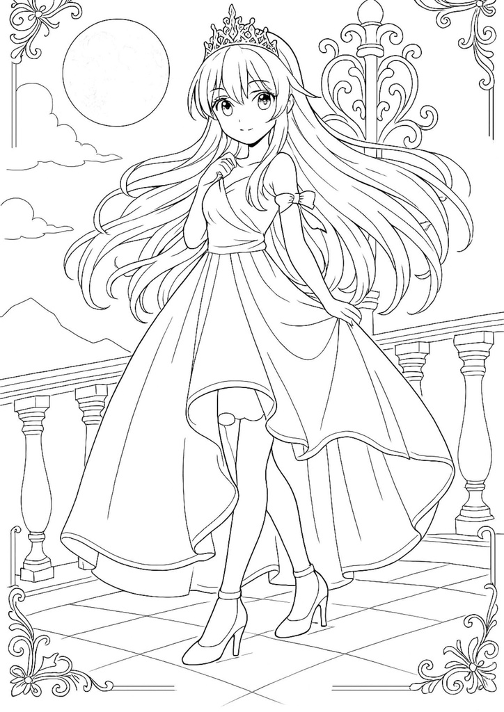 ドレスを着たプリンセスのぬりえ素材セット(背景透過&白背景/5枚ずつ)【無料配布】