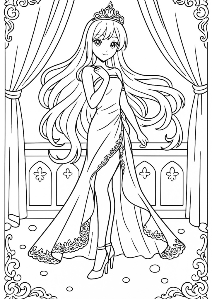 ドレスを着たプリンセスのぬりえ素材セット(背景透過&白背景/5枚ずつ)【無料配布】