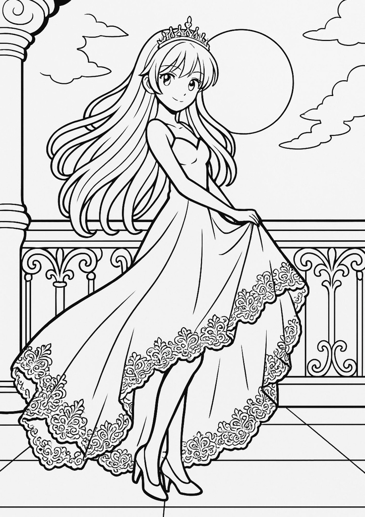 ドレスを着たプリンセスのぬりえ素材セット(背景透過&白背景/5枚ずつ)【無料配布】