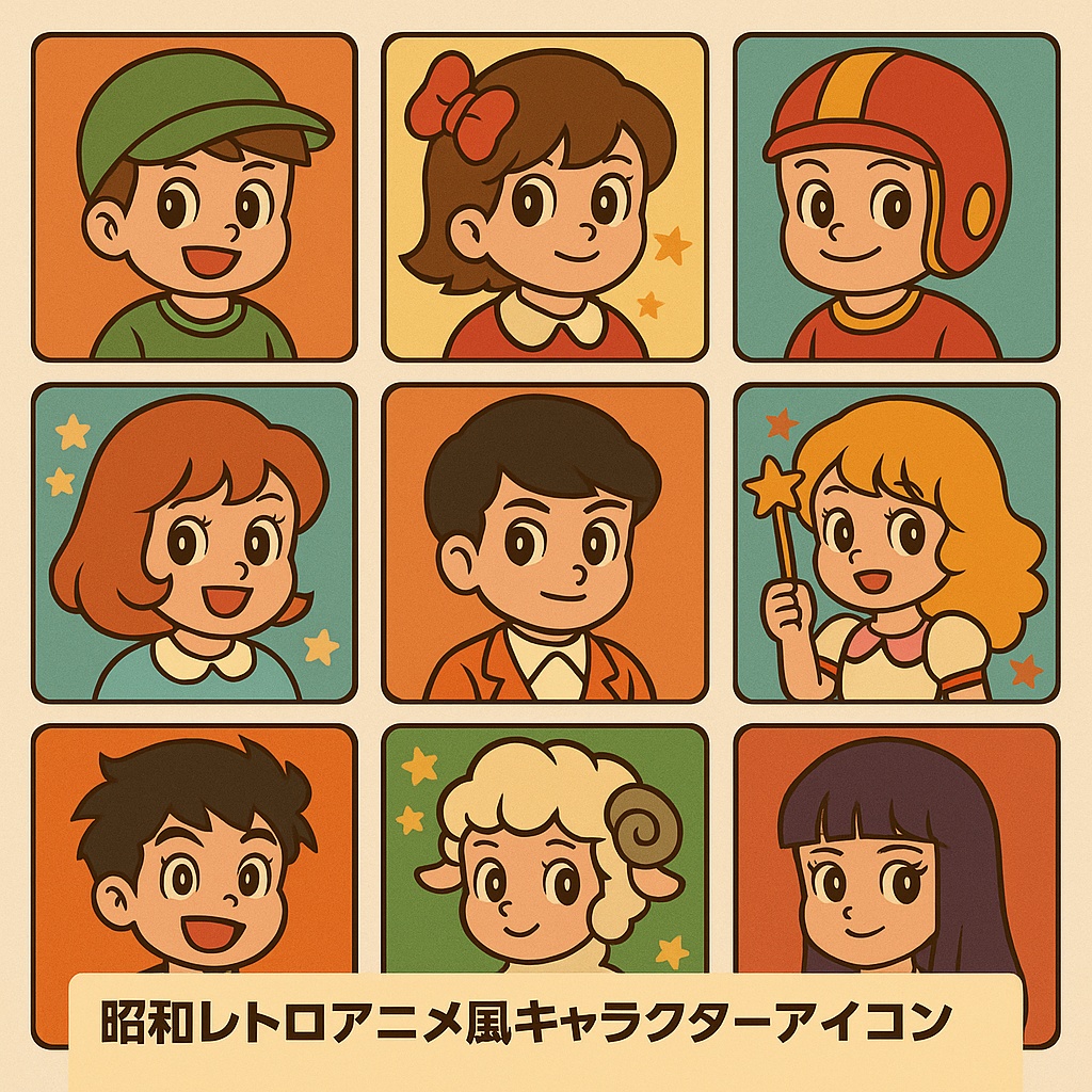 【商用OK】昭和レトロアニメ風キャラクターアイコン10種セット|SNSアイコンや同人向け