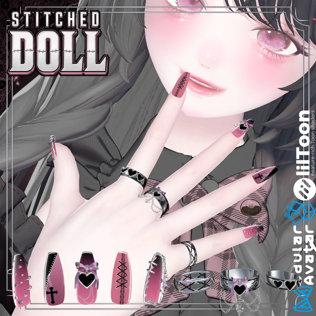 【VRC想定/22アバター対応/MA対応】Stitched Doll_Nail.Ring🎀 8/31まで40%OFF❣