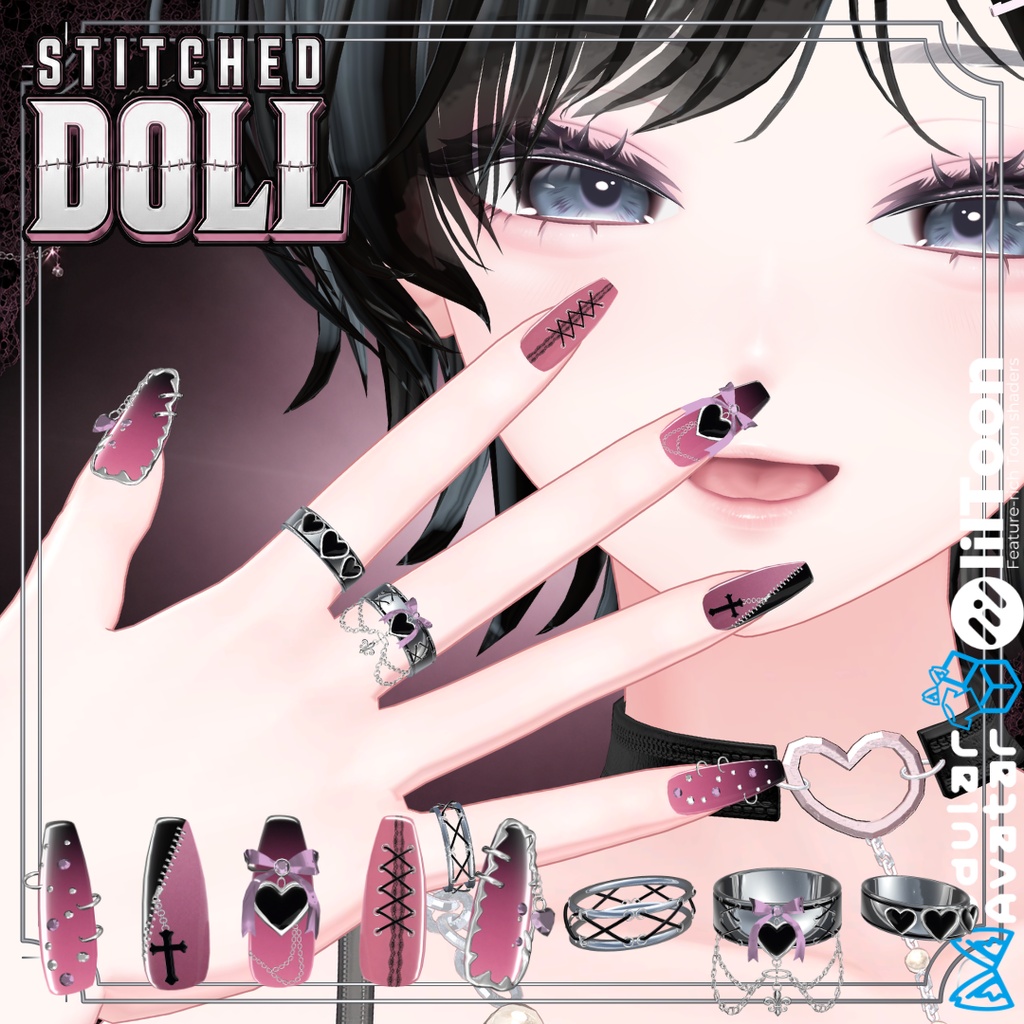 【VRC想定/22アバター対応/MA対応】Stitched Doll_Nail.Ring🎀 8/31まで40%OFF❣