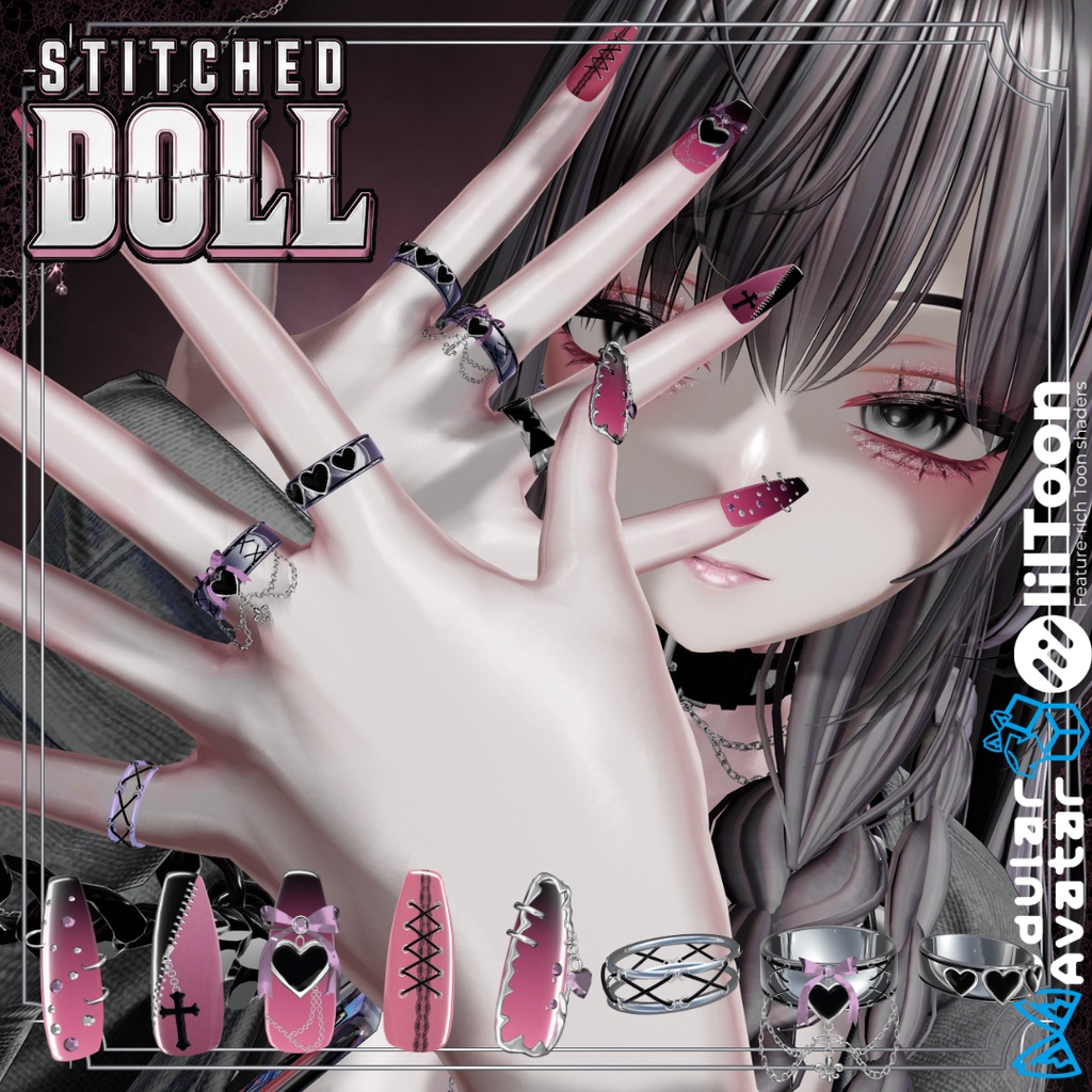【VRC想定/22アバター対応/MA対応】Stitched Doll_Nail.Ring🎀 8/31まで40%OFF❣