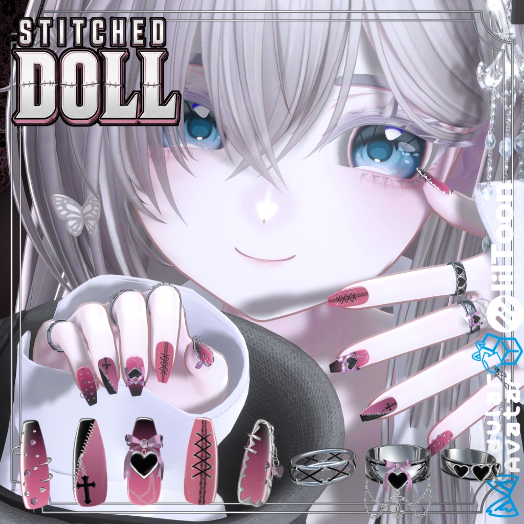 【VRC想定/22アバター対応/MA対応】Stitched Doll_Nail.Ring🎀 8/31まで40%OFF❣