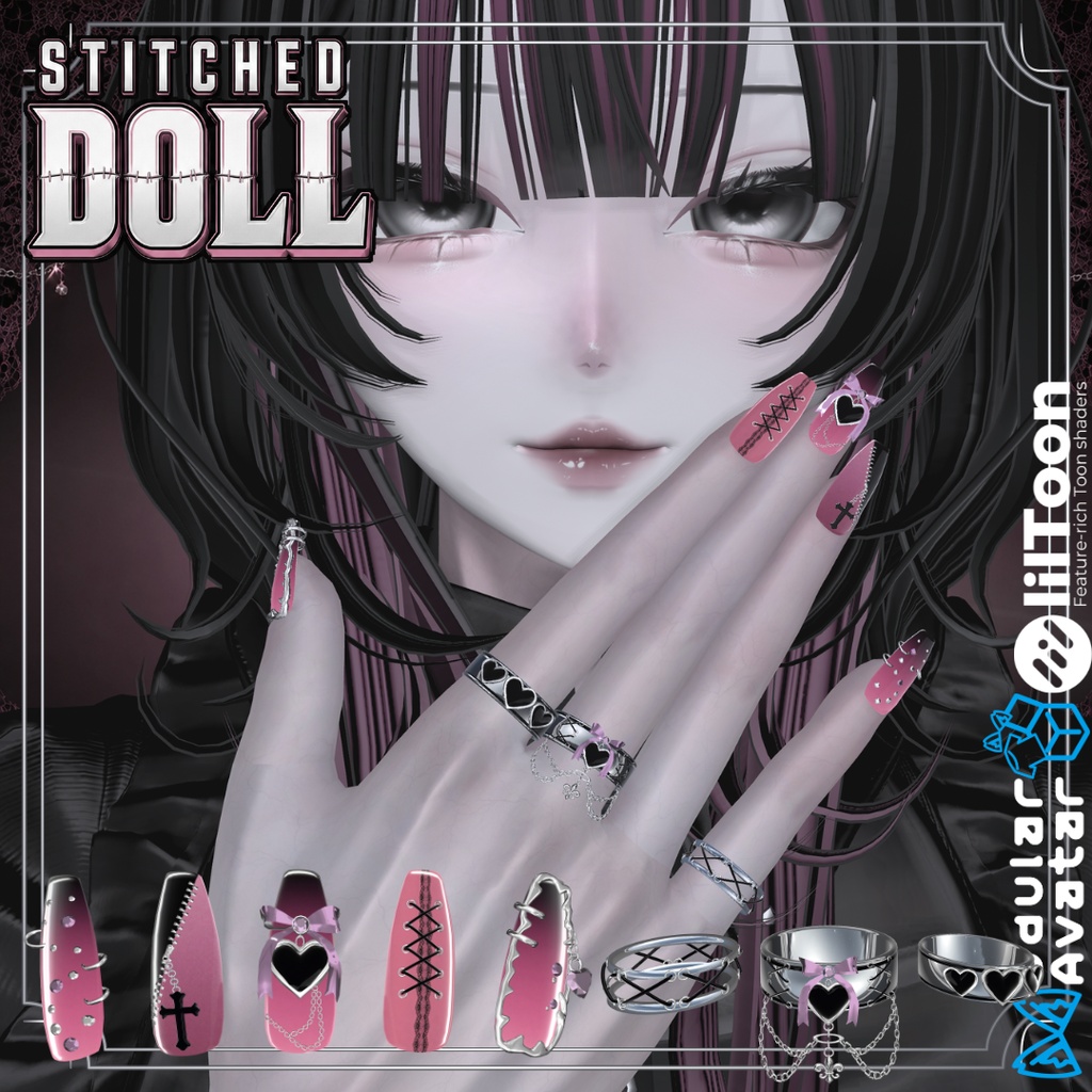 【VRC想定/22アバター対応/MA対応】Stitched Doll_Nail.Ring🎀 8/31まで40%OFF❣
