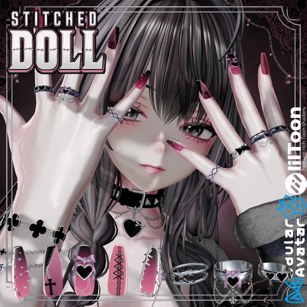 【VRC想定/22アバター対応/MA対応】Stitched Doll_Nail.Ring🎀 8/31まで40%OFF❣