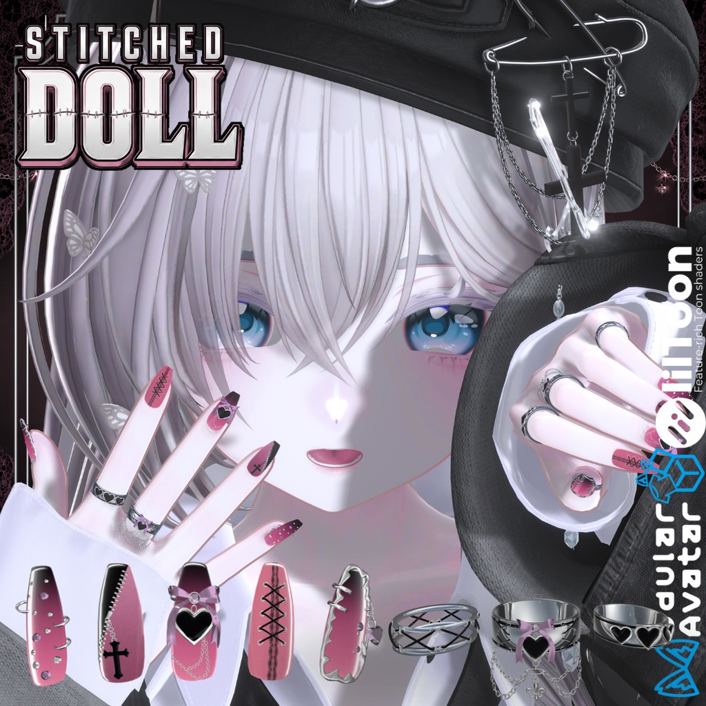 【VRC想定/22アバター対応/MA対応】Stitched Doll_Nail.Ring🎀 8/31まで40%OFF❣