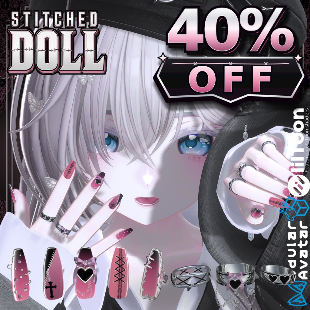 【VRC想定/22アバター対応/MA対応】Stitched Doll_Nail.Ring🎀 8/31まで40%OFF❣