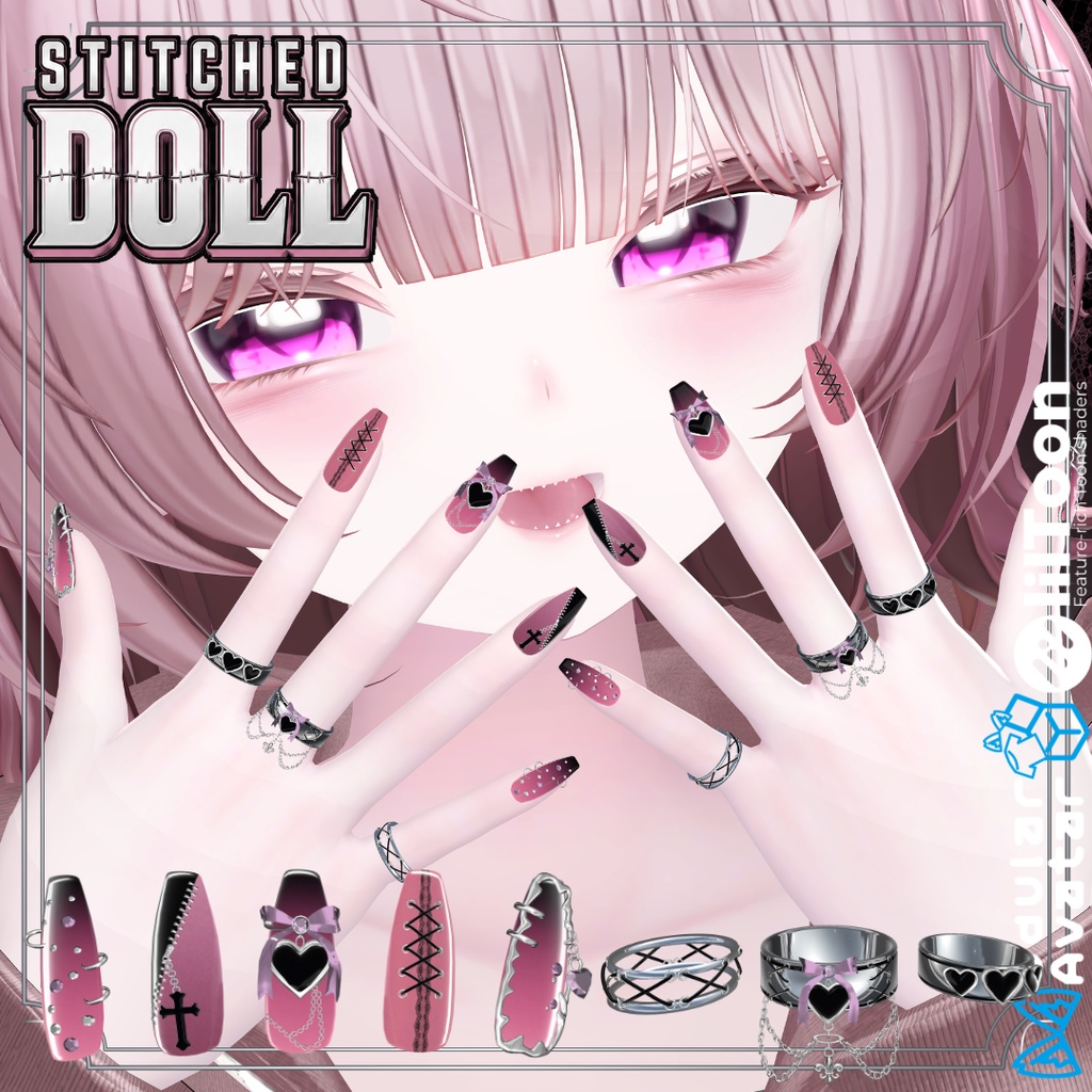 【VRC想定/22アバター対応/MA対応】Stitched Doll_Nail.Ring🎀 8/31まで40%OFF❣