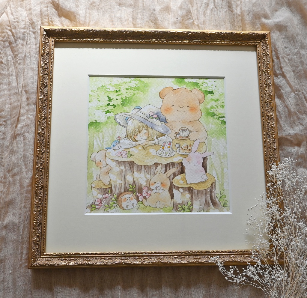 25cm角 額装原画【常連さんは朝が苦手】