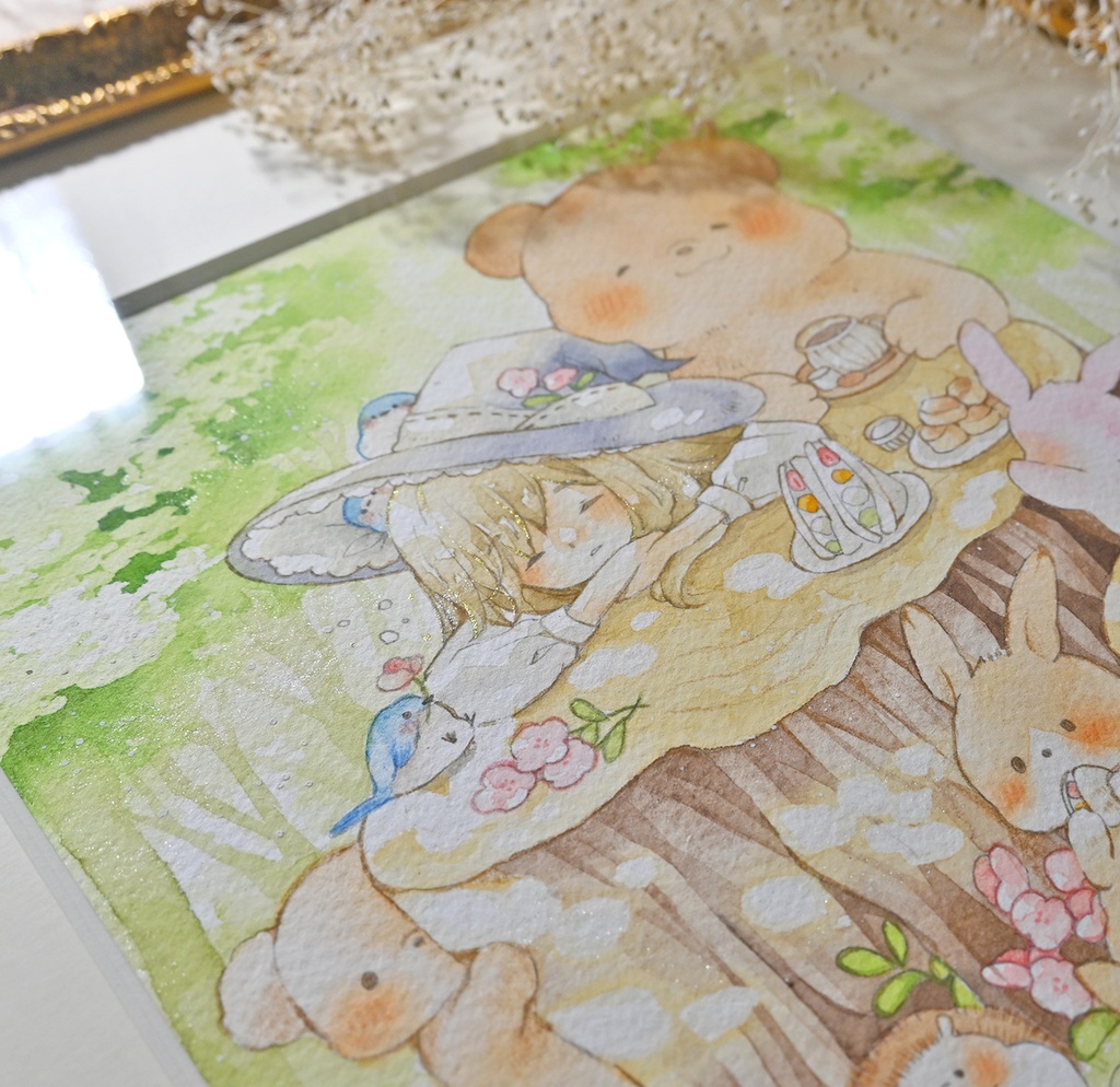 25cm角 額装原画【常連さんは朝が苦手】