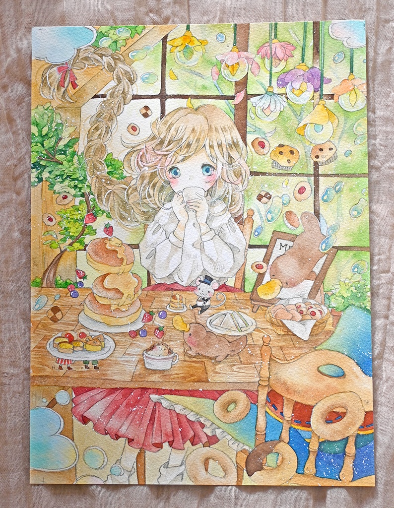 A4額装作品【お茶の時間】既存作品