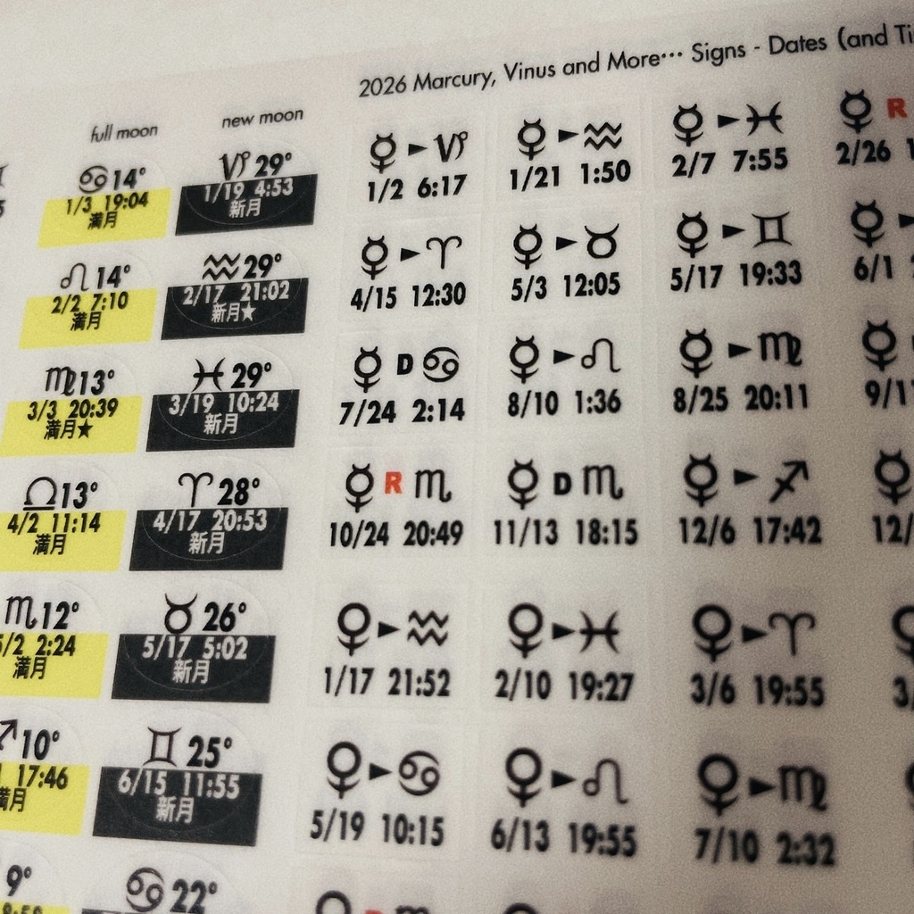 <匿名配送>通常版カットラインあり 2026 #月星座シール #惑星移動シール A4/1枚組