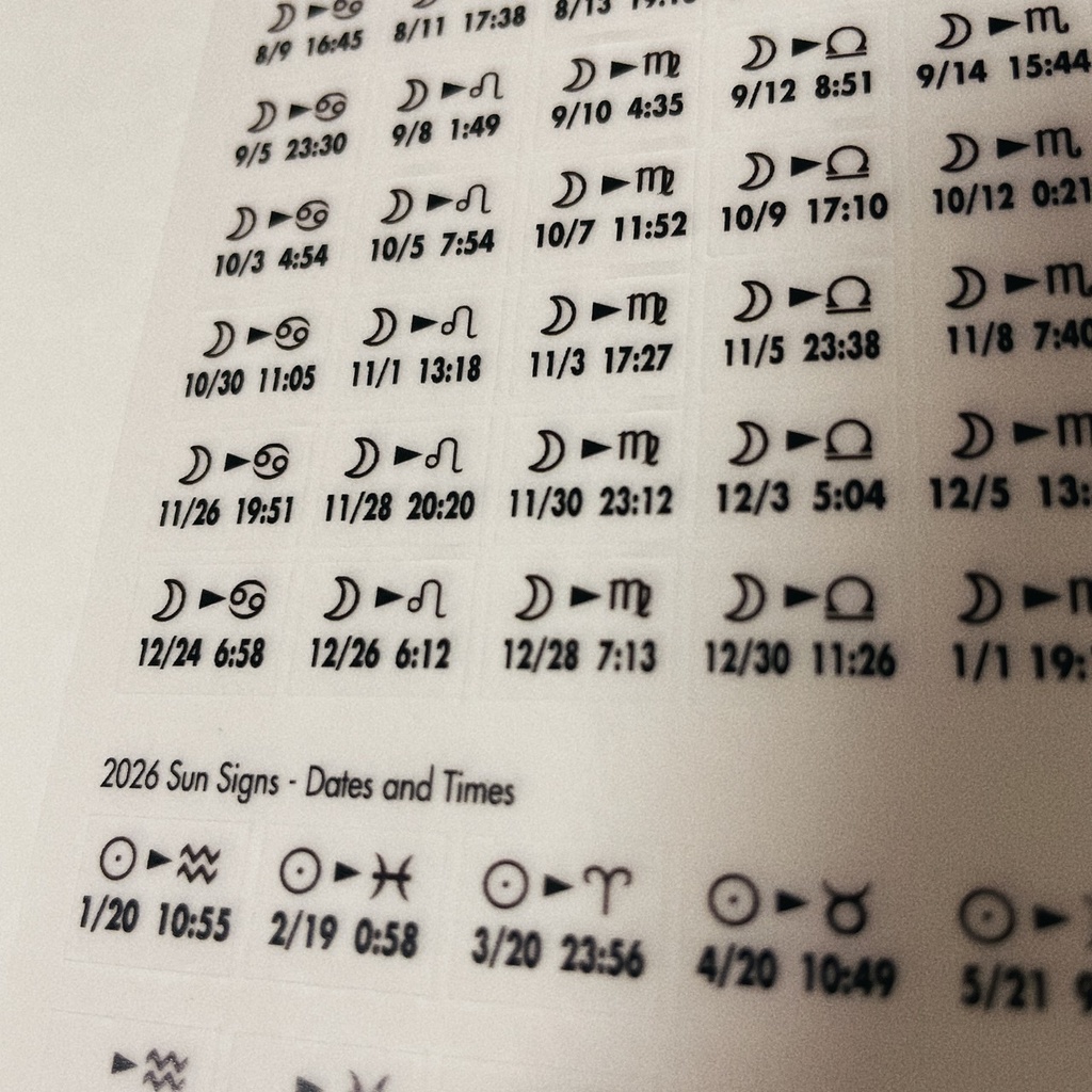 <匿名配送>通常版カットラインあり 2026 #月星座シール #惑星移動シール A4/1枚組