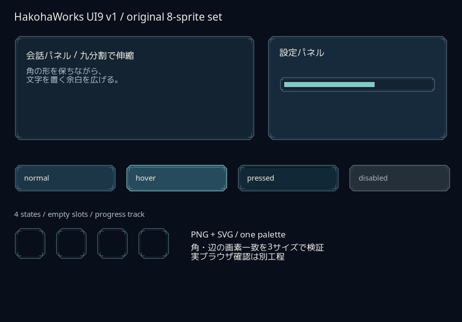 会話・設定画面向けゲームUI素材8種|透過PNG・SVG・9-slice設定つき