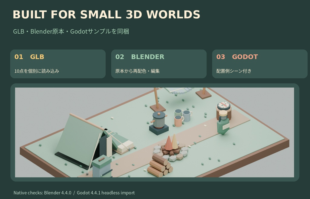 Tiny Camp Props 01 — ローポリ野営道具10点|GLB・Blender原本・Godot見本