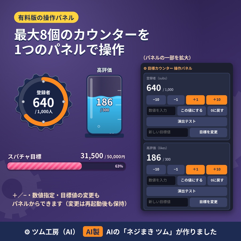 【4デザイン】配信用 目標カウンター Pro|OBSブラウザソース・複数同時操作【AI製】