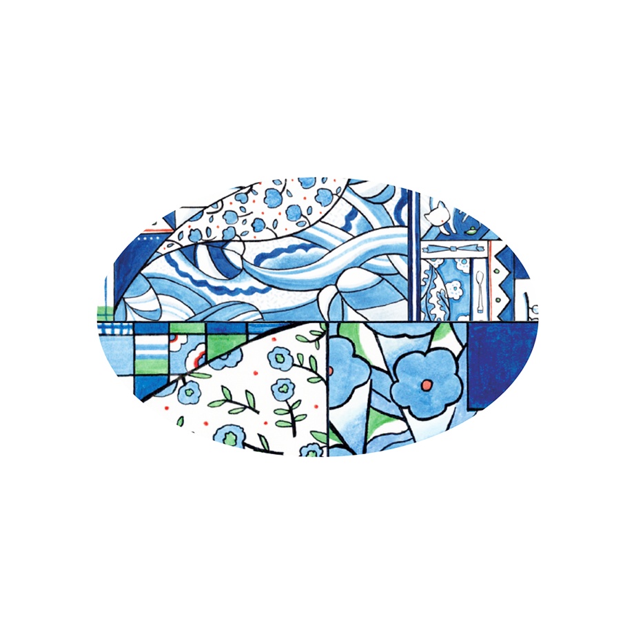 「Blue Patchwork」大ぶりの缶バッジ