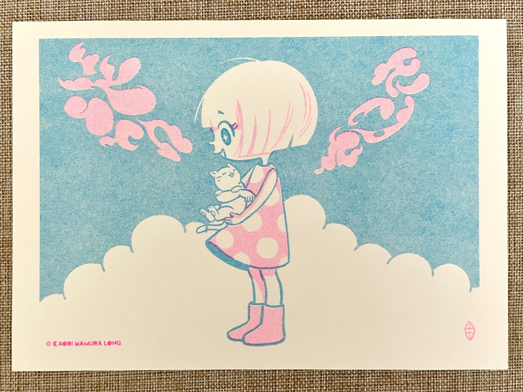 Risograph Print- Kitty & Cloud リソグラフプリント 猫と雲