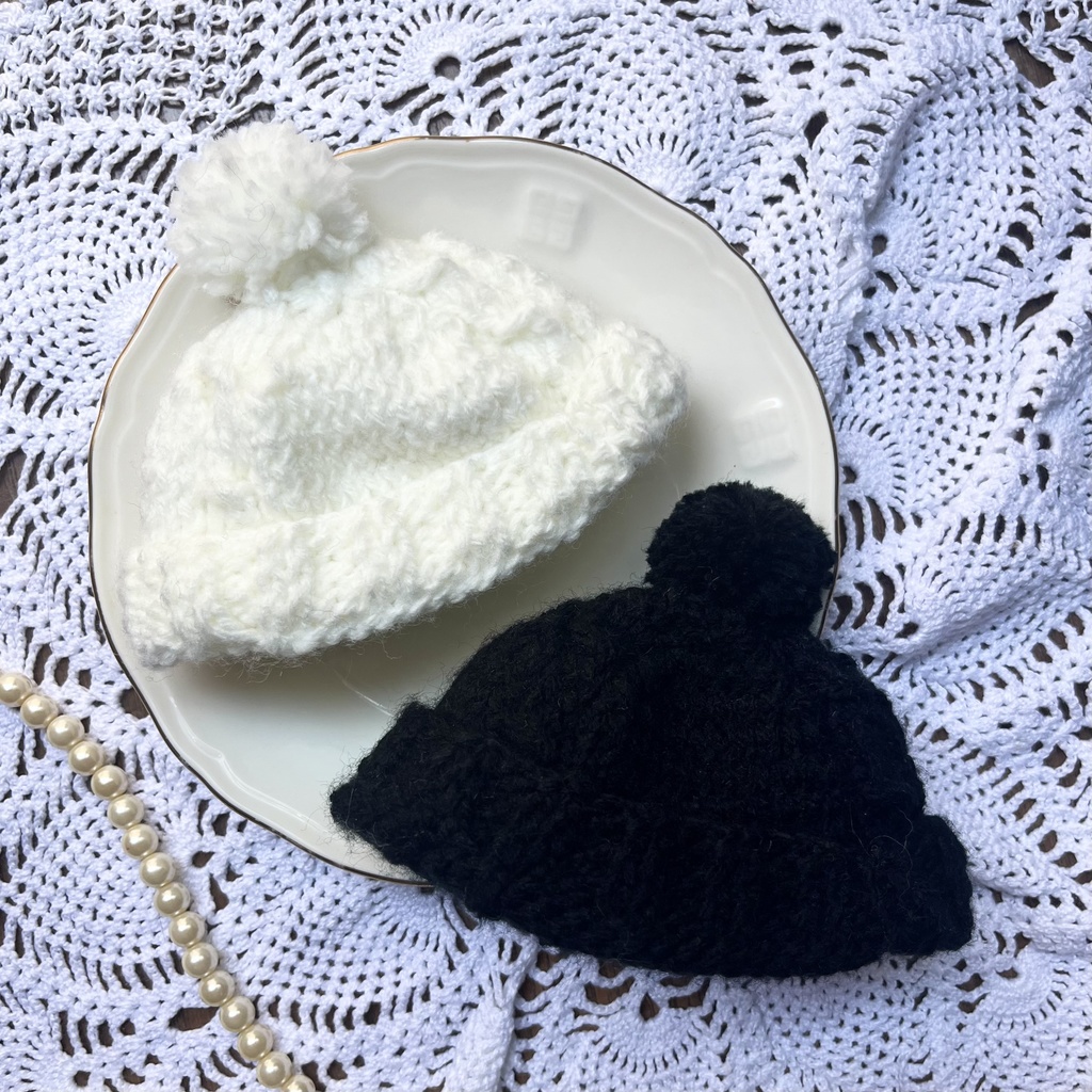 【13cm用】ちびぐるみニット帽【白黒】