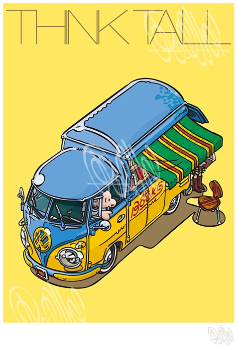 "Think Tall" VW Type 2 Book Bus (A3ポスター)