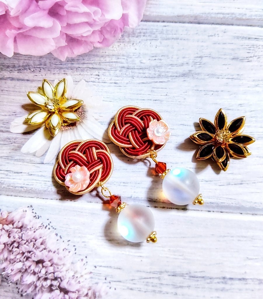 オリジナル 水引フラワー イヤリングピアス