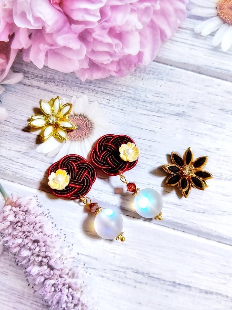 オリジナル 水引フラワー イヤリングピアス