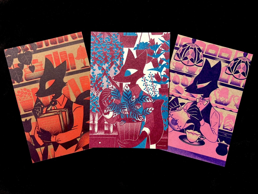 リソグラフきつねポストカード（お店屋さん）