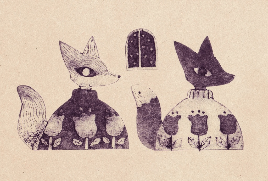 きつねポストカード（冬の夜）