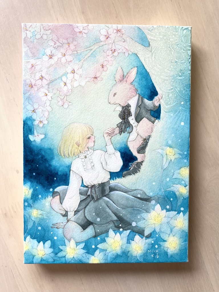 水彩画　銀色月の月兎