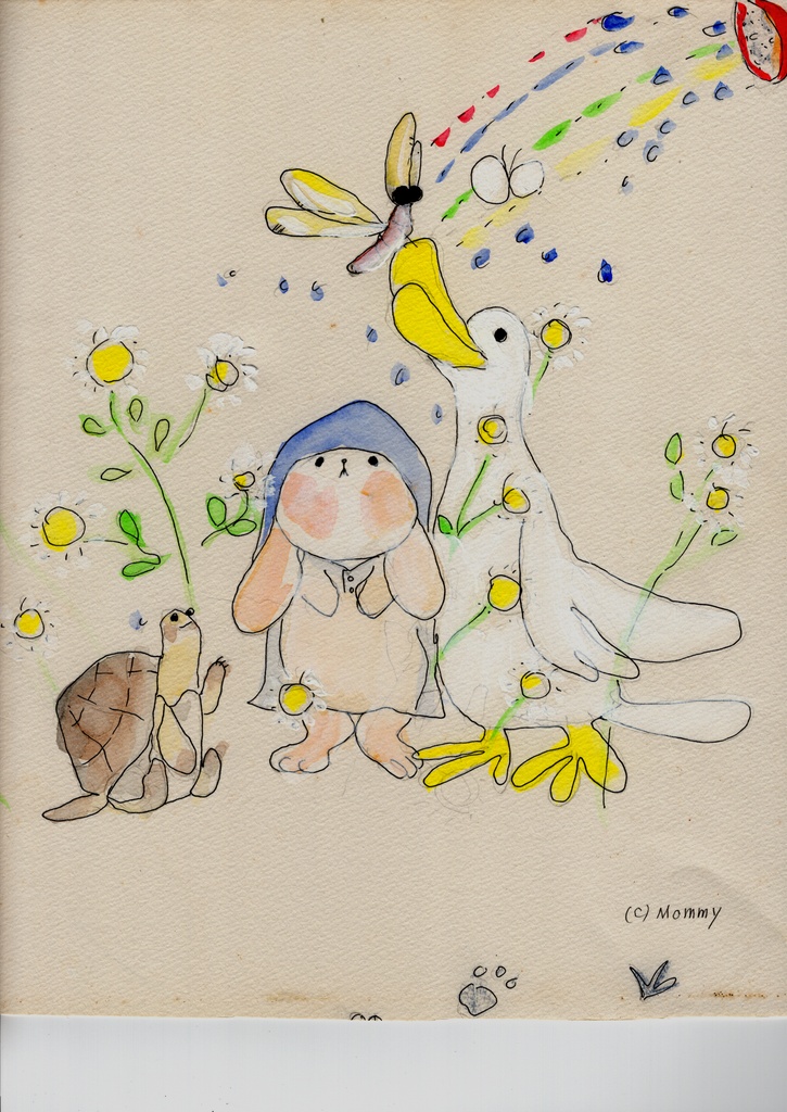 アヒルさんと、仲間たちの虹の水遊び 塗り絵データ