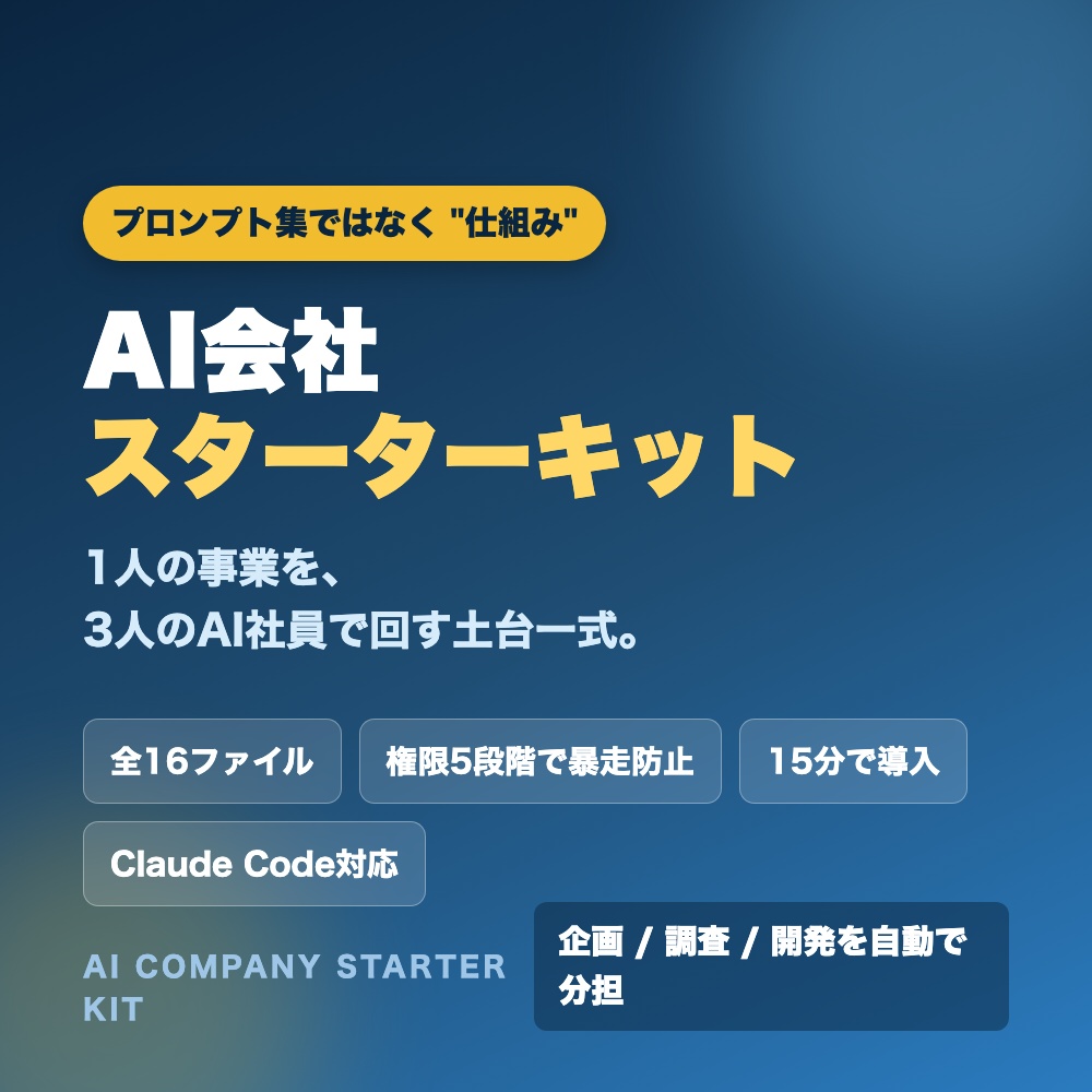 AI会社スターターキット|1人の事業を"3人のAI社員"で回す仕組み一式(Claude Code対応)
