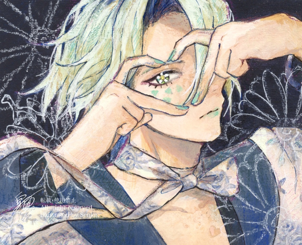 emoji展　額装ミニ原画　🦕🩶💐