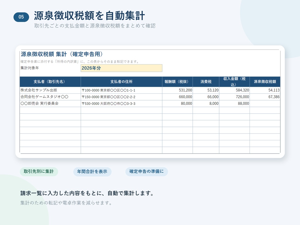 同人作家向け 請求管理台帳:年間の源泉徴収税額を集計