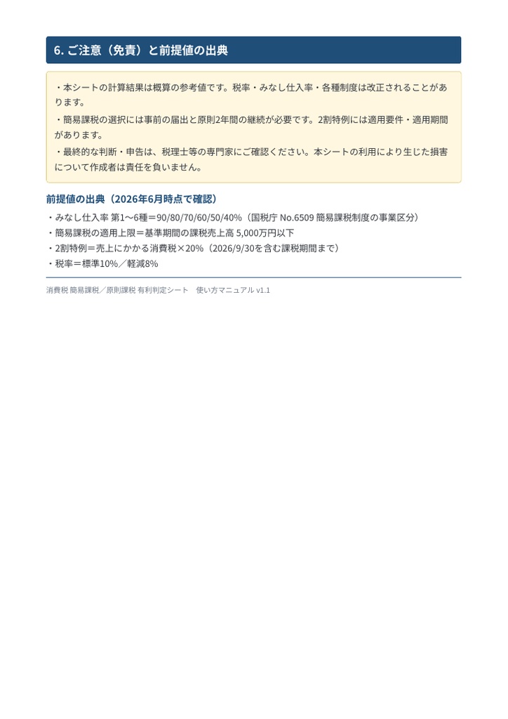 消費税 有利判定シート|原則課税・簡易課税・2割特例を金額で比較するExcel