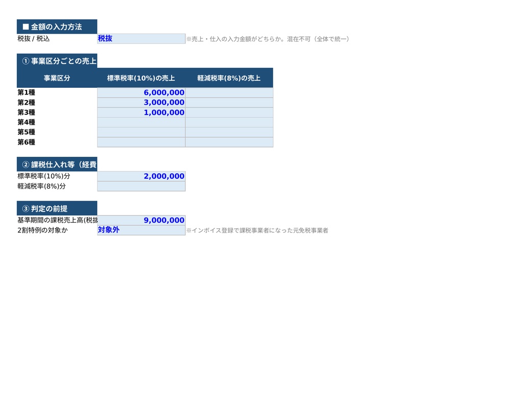 消費税 有利判定シート|原則課税・簡易課税・2割特例を金額で比較するExcel