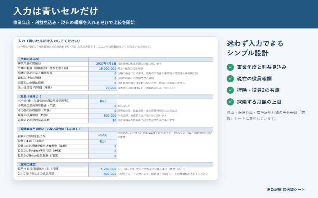 役員報酬 最適額シート|社会保険の「等級の段差」が見えるExcel