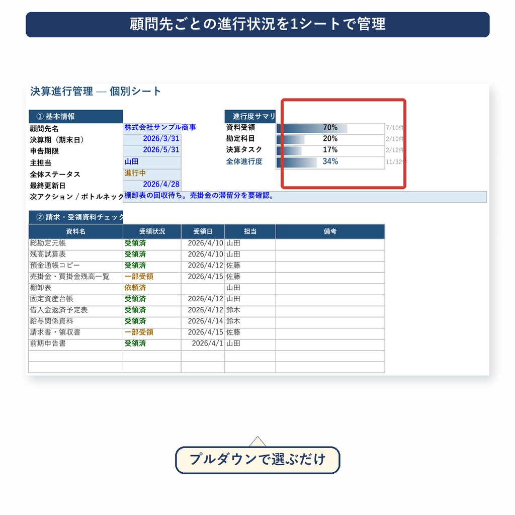 決算進行管理表:顧問先ごとの作業は個別シートへ