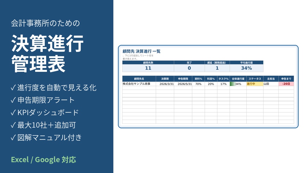 会計事務所の決算進行管理表 v2.1【保護版】｜顧問先10社の進捗をExcelで一元管理
