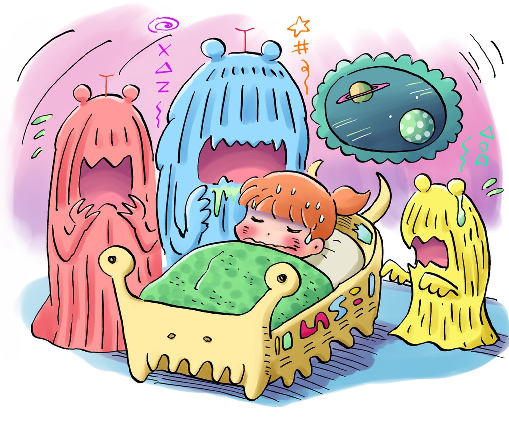 三匹の宇宙グマに囲まれている子 Tシャツ