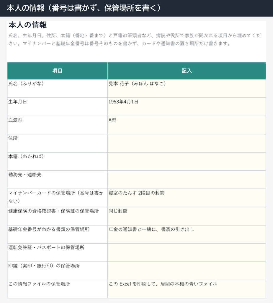 もしものときの情報ファイル(Excel・家族のためのエンディングノート)