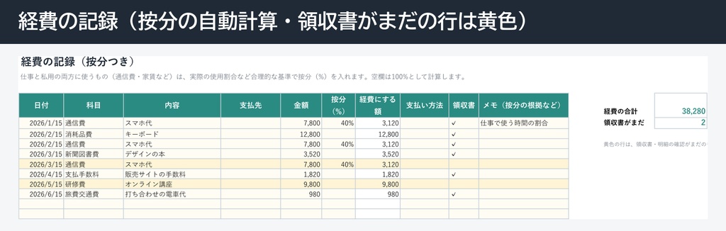 副業・フリーランスの確定申告 準備シート(Excel・収入と経費の記録)
