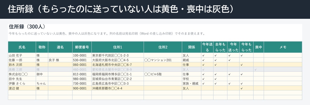 年賀状の住所録+送った・もらった管理表(300人・宛名印刷の差し込み対応)Excel