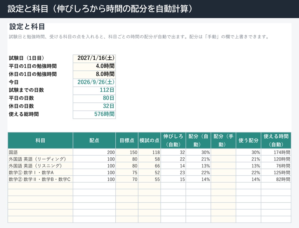 共通テスト直前 学習の立て直しキット(Excel・残り日数と科目ごとの時間を自動で配分)