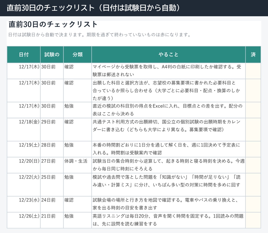 共通テスト直前 学習の立て直しキット(Excel・残り日数と科目ごとの時間を自動で配分)