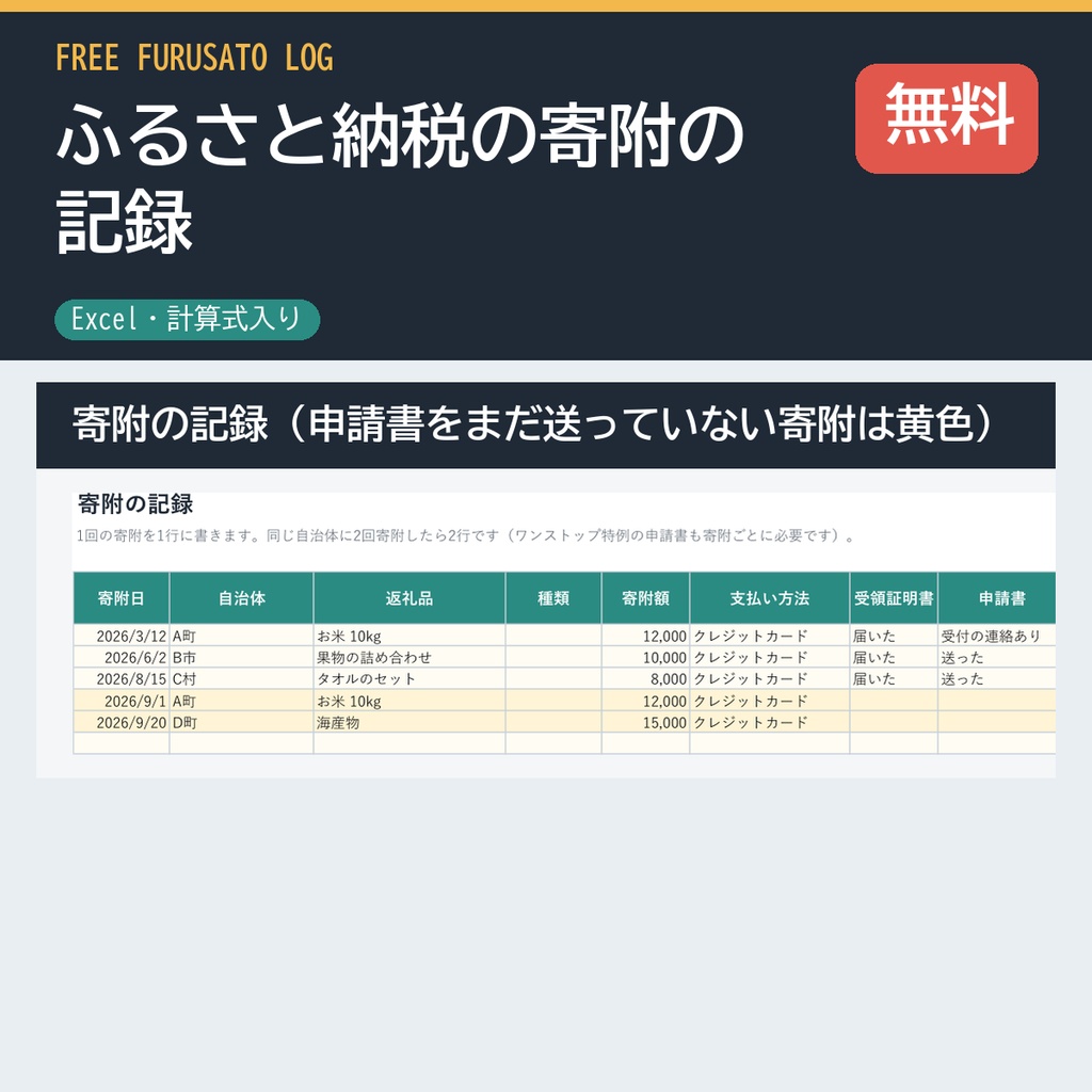 ふるさと納税の寄附の記録（無料版・Excel・申請書と受領証明書と返礼品の届いたかを1行で）