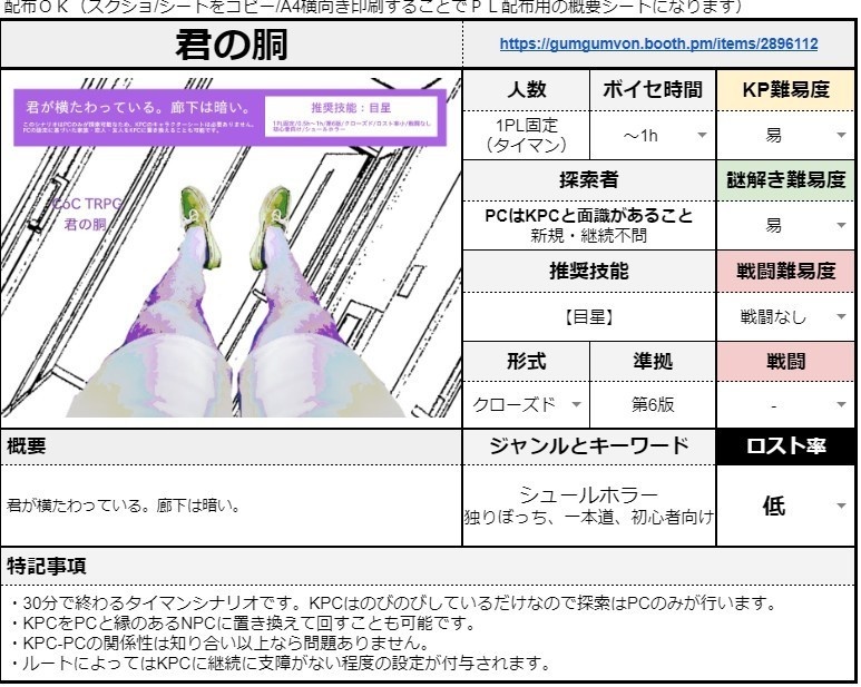 30分タイマン Cocシナリオ 君の胴 ゴムヤボシ Booth